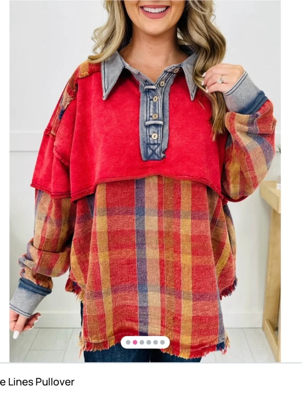 Oli & Hali Red Plaid Layered Pullover with Denim Trim - Picture 1 of 6